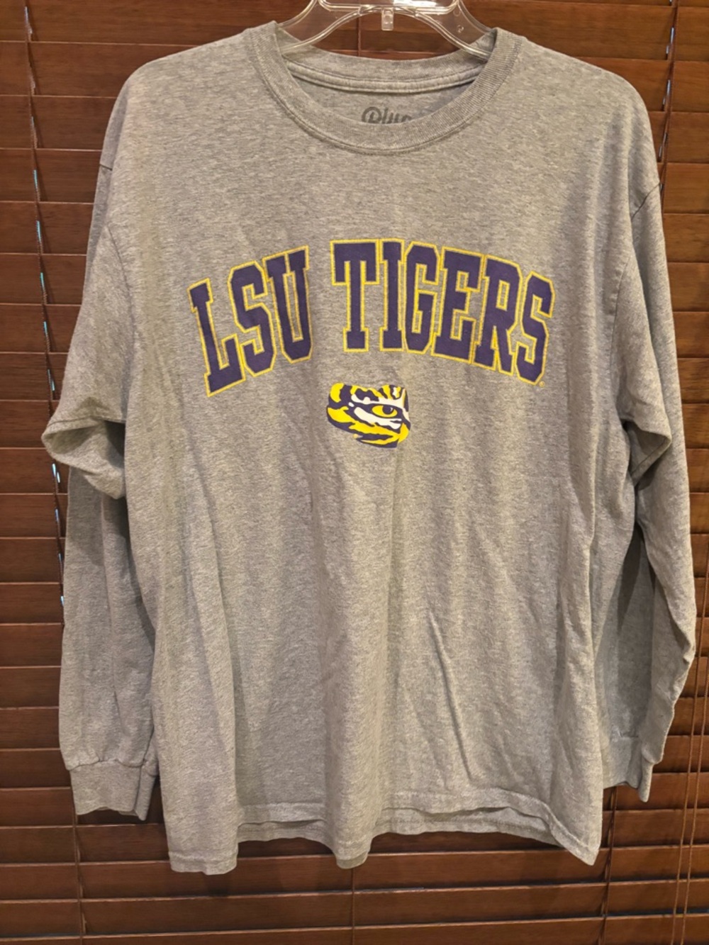 Gray Long Sleeve LSU Tigers Tee with Purple and Gold Logo
